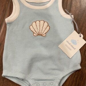 Cloud Island Light Blue Shell Embroidered Romper- Newborn